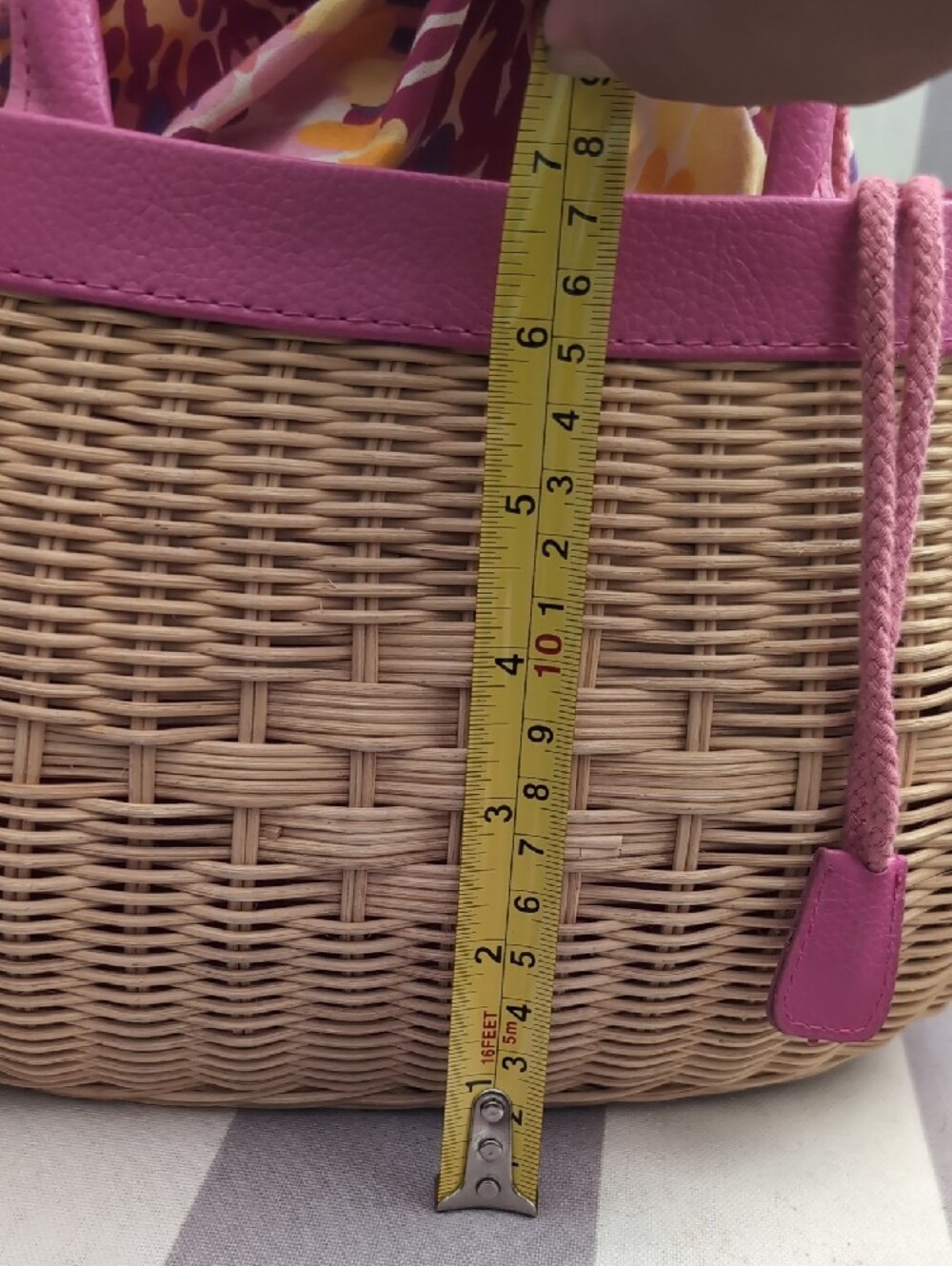 Pink Trim SMALL Woven Basket Tote with Floral Drawstring - Picture 11 of 12